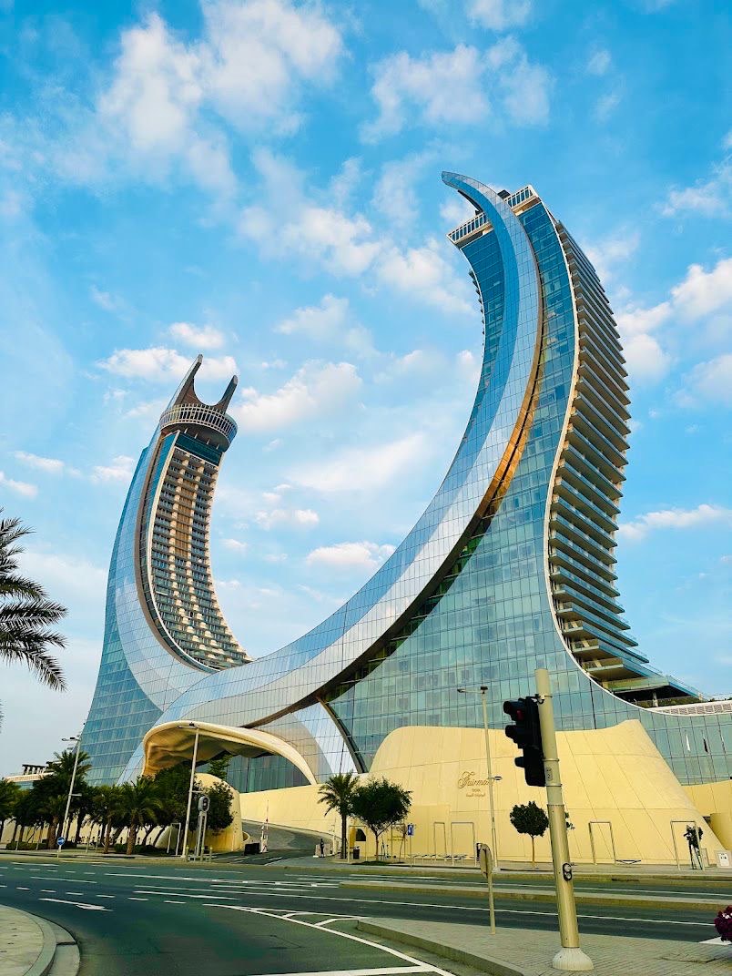 The twin crescent Katara Towers rising over Lusail Marina
